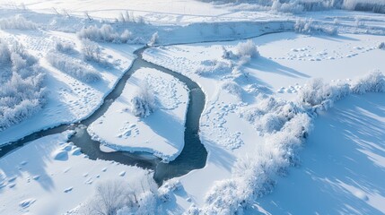 Aerial View of a Winding River in a Snowy Landscape