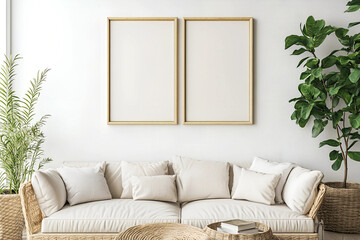 Mockup Frame Display in a Cozy and Minimalist Living Room Interior, Featuring Soft Textures and Warm Accents &ndash; Detailed 3D Render