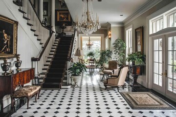 Elegant Foyer with Grand Chandelier in Black and White