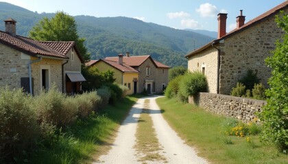 Obraz premium Charming village alleyway with rustic stone houses and lush greenery