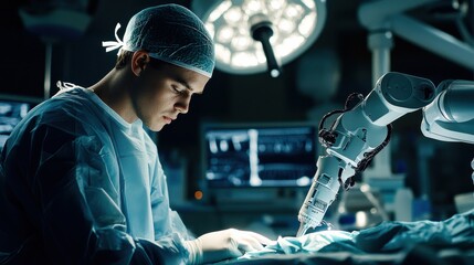 A surgeon collaborates with an AI-controlled robotic arm in a sterile surgical environment, performing a precise operation, showcasing the integration of advanced technology in modern medicine