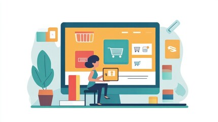 Illustrate a user completing a purchase using a mobile wallet on an ecommerce site, flat design, side view, mobile payment theme, cartoon drawing, Triadic Color Scheme
