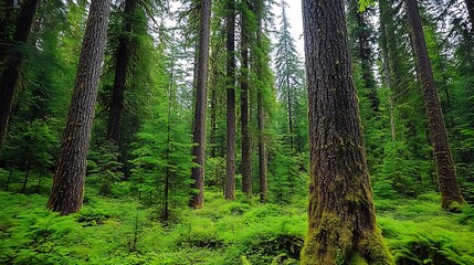 Obraz premium Lush Evergreen Forest with Tall Trees and Ferns