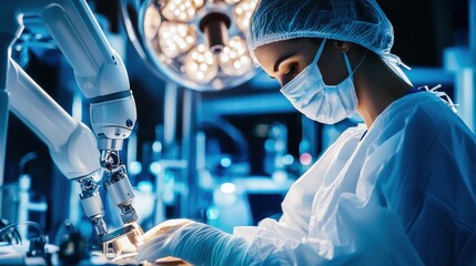 A surgeon collaborates with an AI-controlled robotic arm in a sterile surgical environment, performing a precise operation, showcasing the integration of advanced technology in modern medicine