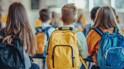 Obraz premium Of schoolchildren with backpacks sitting in corridor at school. Education, learning, and friendship in elementary classroom hall for studying and exams