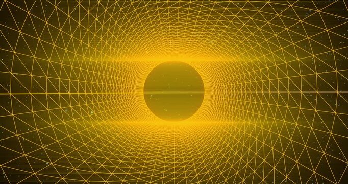 Abstract background of mesh grid tube in space. Symmetrically placed dots create a pattern and a rounding. Light glow Rotation 3d animation