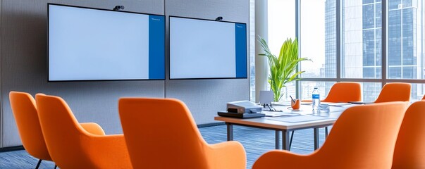 Presentation room highlighting a dual-screen setup with laser pointers on a table