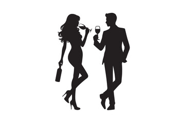 Young male and female drinking wine silhouette vector illustration