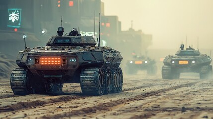 Fototapeta premium A futuristic tank, operated by artificial intelligence, patrols a high-tech war zone, showcasing advanced weaponry and surveillance capabilities in a modern combat environment