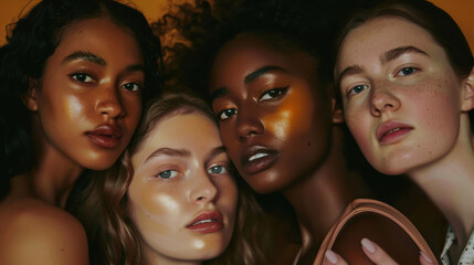 Obraz premium Group of four women with diverse hairstyles and skin tones posing closely together against an orange background during a casual portrait session
