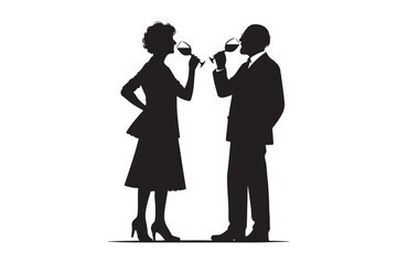 Young male and female drinking wine silhouette vector illustration