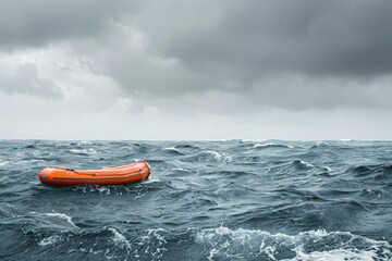 A life raft drifting in the open sea, potentially stranded or awaiting rescue