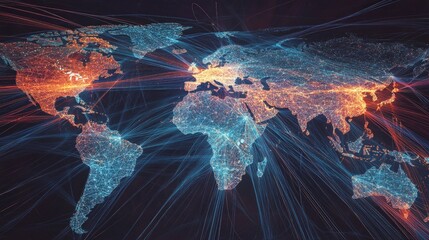 Global Air Travel Connectivity Map, vibrant illustration of busiest flight routes, dynamic lines indicating passenger volume, informative annotations on airlines and travel trends