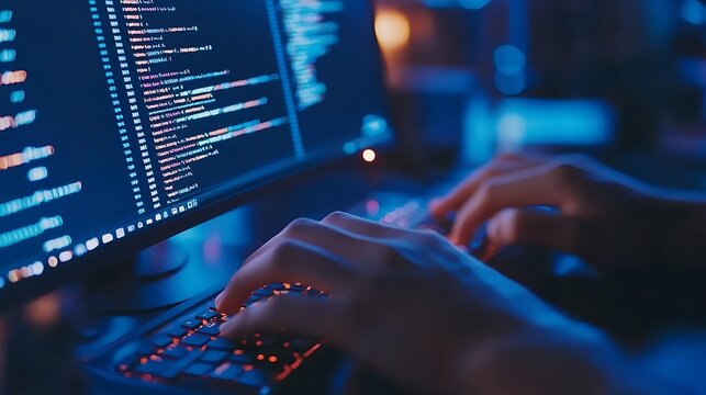 Close-up of hands typing code on a computer keyboard.