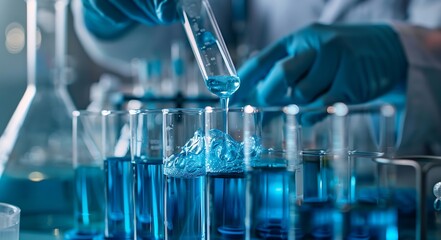 Laboratory glassware with chemical liquid in the hands of a chemist