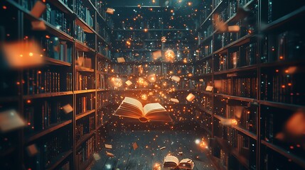 A magic book glowing brightly in a library, its pages magically lifting into the air.