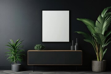 Minimalist Black Poster Frame on Cabinet in Stylish Living Room Interior