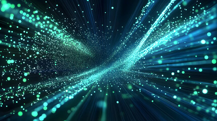 Obraz premium Digital technology speed connect blue green background, cyber nano information, innovation future tech data, internet network connection, Ai big data, line dot illustration 3d. Generative Ai