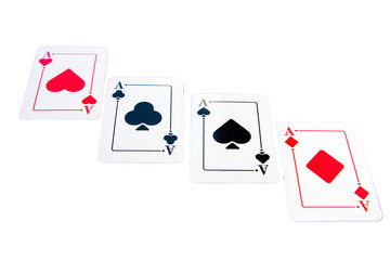 Four aces and chips, card game, cards on the table. Poker and blackjack.