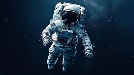 An astronaut floats in space, surrounded by a starry background.