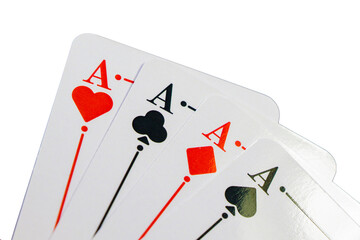 Four aces and chips, card game, cards on the table. Poker and blackjack.