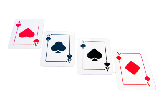 Four aces and chips, card game, cards on the table. Poker and blackjack.