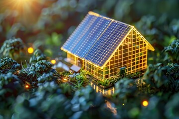 A small house with a rooftop solar panel installation, ideal for use in architectural or environmental context