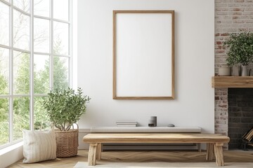 Cozy Living Room Interior with Fireplace, Poster Frame, and Bench