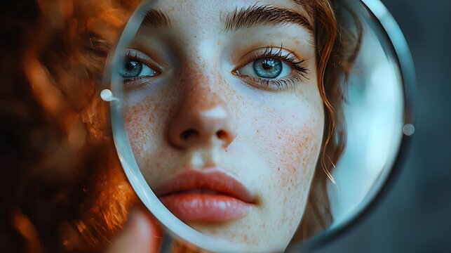 A close-up of a woman's eye and freckles, magnified for a delicate view.