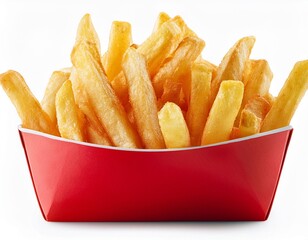 Crispy French Fries in Red Container Isolated on White Background, Clipping Path, Full Depth of Field