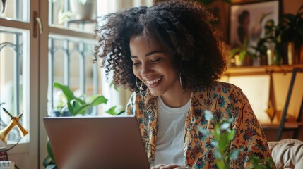 Portrait of a young woman working in an online business smiling happily.