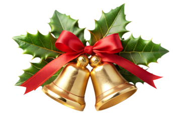 Two Golden Christmas Bells with Red Velvet Ribbon and Holly Leaves Isolated on White Transparent Background, PNG Element