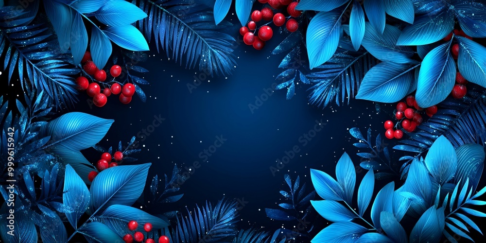 Canvas Prints Blue leaves with red berries and glitter on a blue background.