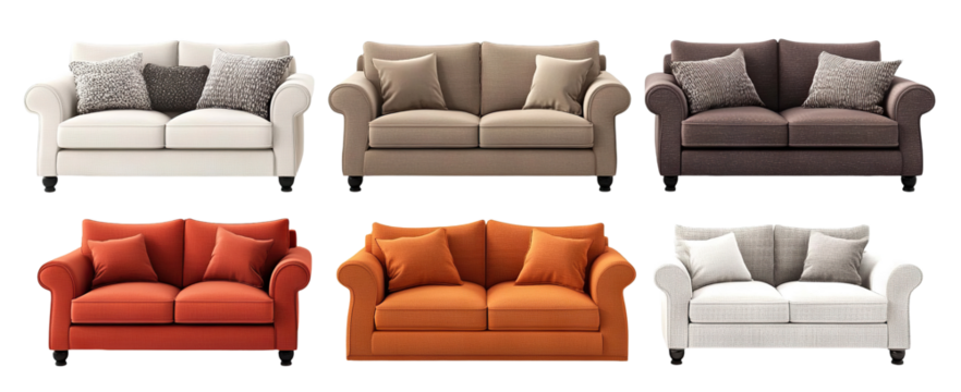 Set of colorful fabric sofas with pillows, isolated on transparent cutout background