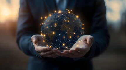 Fototapeta premium Businessman holding global network connection on social networking and customer data analytics, Business strategy and smart intelligence, digital marketing, Technology and global business.