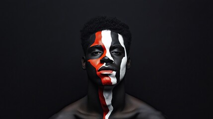 Portrait of a person with artistic face paint on a black background.