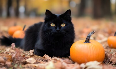 Long-haired black cat sitting outdoors and looking at orange pumpkins in the autumn forest, Generative AI