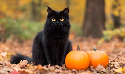 Long-haired black cat sitting outdoors and looking at orange pumpkins in the autumn forest, Generative AI