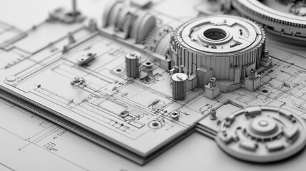 Blueprint Insights, close-up of detailed 3D rendered blueprints showcasing essential design specifications, highlighting precision and creativity in architectural planning