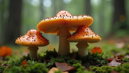 Fototapeta premium Autumns bounty A trio of vibrant mushrooms in the forest