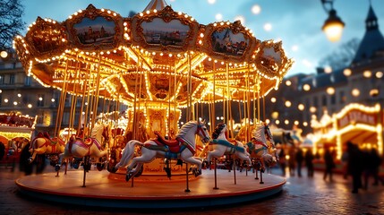 An illuminated carousel with beautifully carved wooden horses at a night market.
