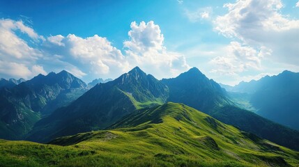 Fototapeta premium Scenic mountain landscape with lush greenery and blue sky, perfect for nature lovers.