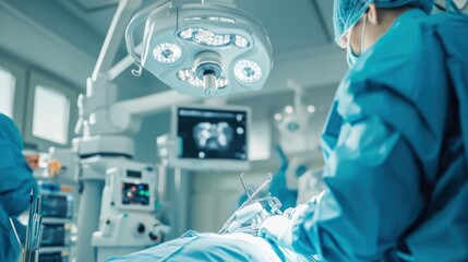 Robotic surgery instruments positioned over a patient in a modern operating room