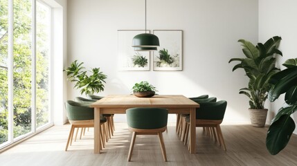 Modern Scandinavian Dining Room Interior with Wooden Table and Green Chairs
