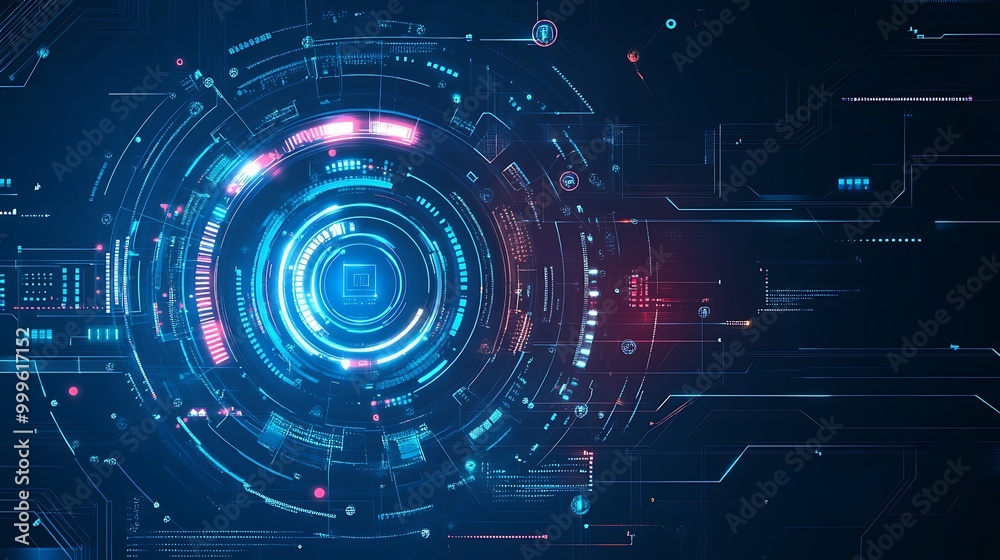 Poster abstract digital background with glowing circles and lines.