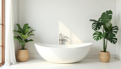 Fototapeta premium Elegant bathroom setting with a freestanding tub and potted plants