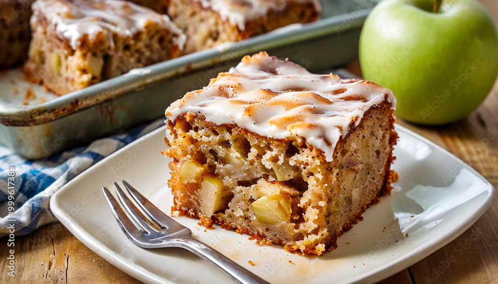 Poster A square piece of apple pie with a moist texture and large pieces of apples on a plate