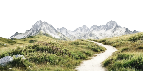 Scenic mountain trail surrounded by greenery and flowers, isolated on transparent cutout background