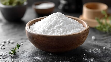 A wooden bowl filled with white powder on a black surface.