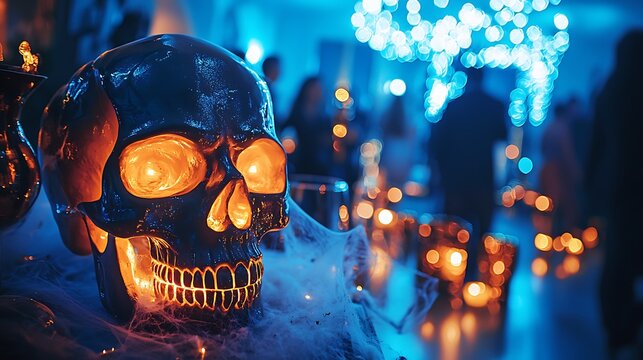 A glowing skull decoration, perfect for creating a spooky Halloween party atmosphere.